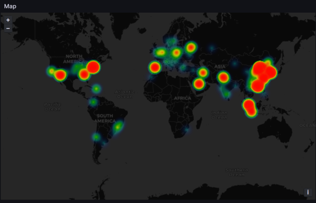 A heatmap of connections to the honeypot, showing spikes in the United States, Europe, India, and China