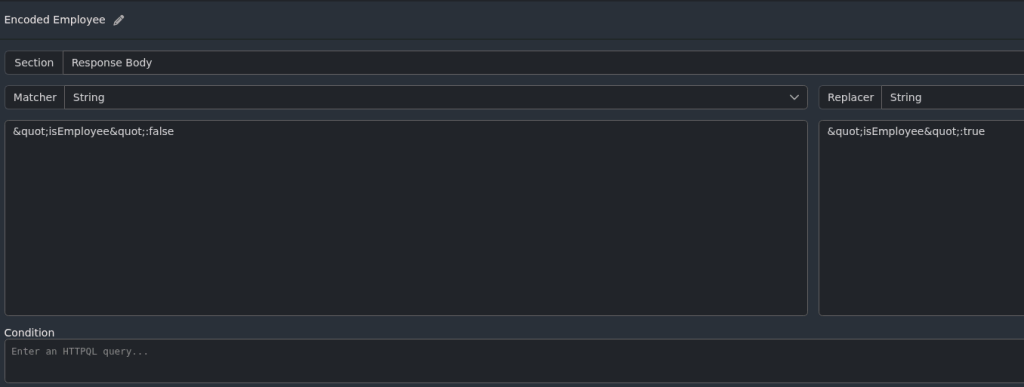 CAIDO window showing the encoded Match/Replace "isEmployee" rule