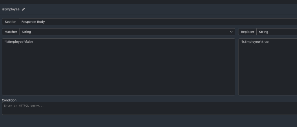 CAIDO window showing the Match/Replace "isEmployee" rule